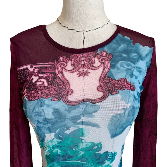 Y2k 90s Express Mesh Stretch Long Sleeve Top Angels Floral Westwood Gaultier - Picture 2 of 7
